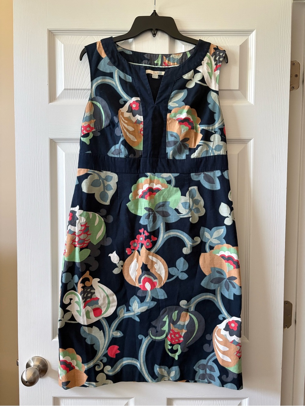 Boden Navy Blue Linen Blend Dress with Multicolor Print